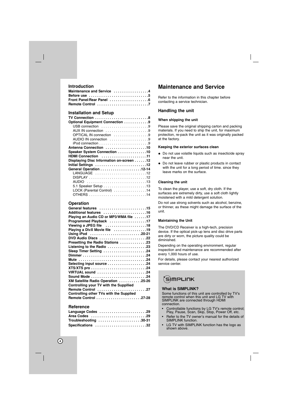 Maintenance and service | LG LHT799 User Manual | Page 4 / 33