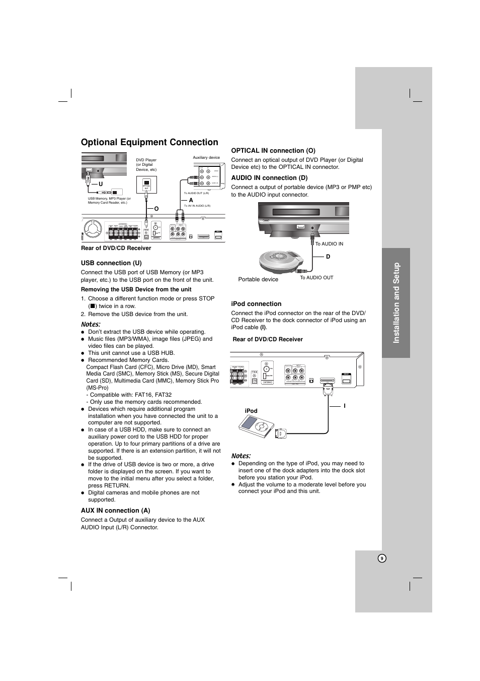 Optional equipment connection, Installation and setup, Hdmi out | Xm in i pod, Usb connection (u), Aux in connection (a), Optical in connection (o), Audio in connection (d), Ipod connection | LG LHT799 User Manual | Page 9 / 33