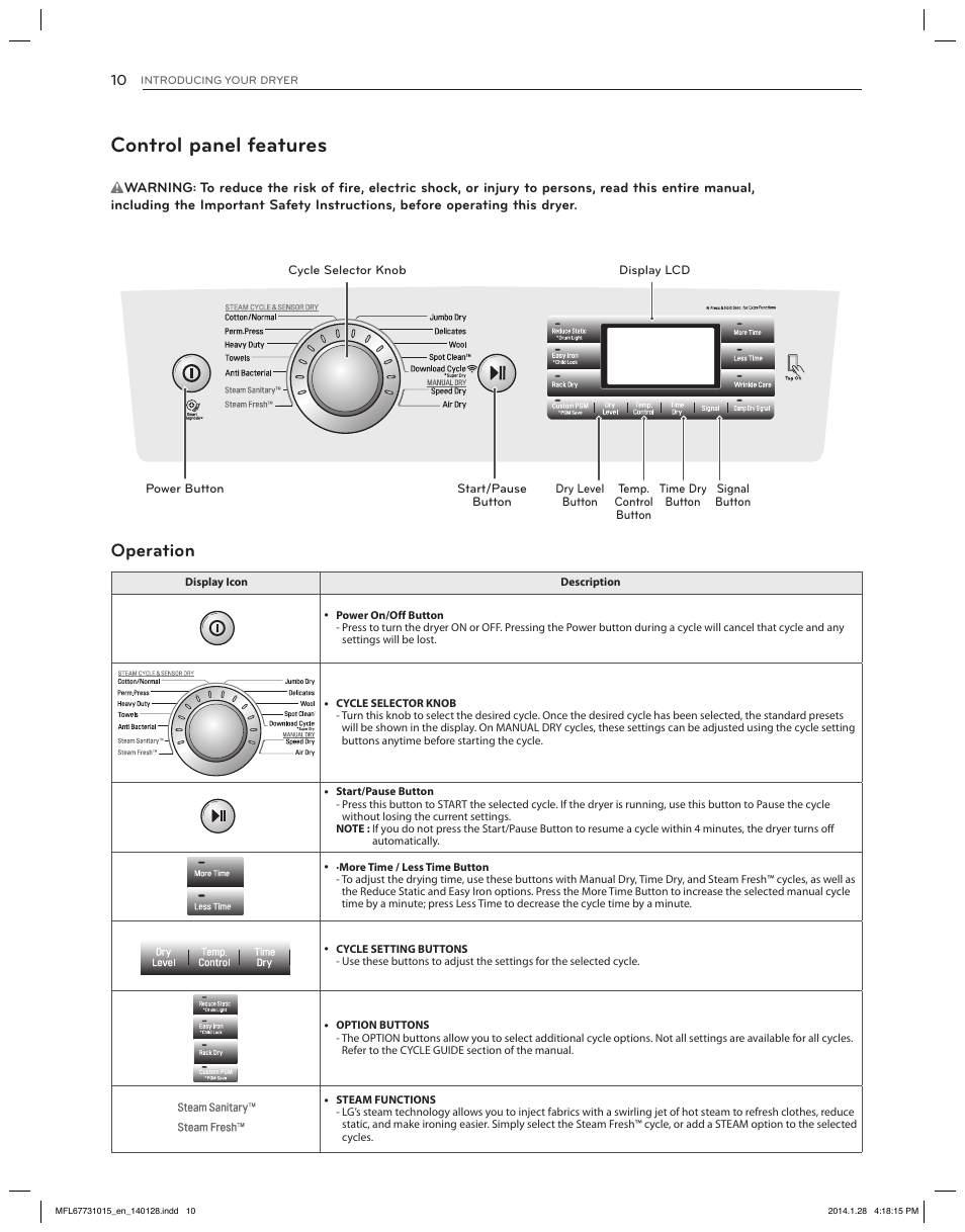 Control panel features, Language, Operation | English français español | LG DLGX8501V User Manual | Page 10 / 108