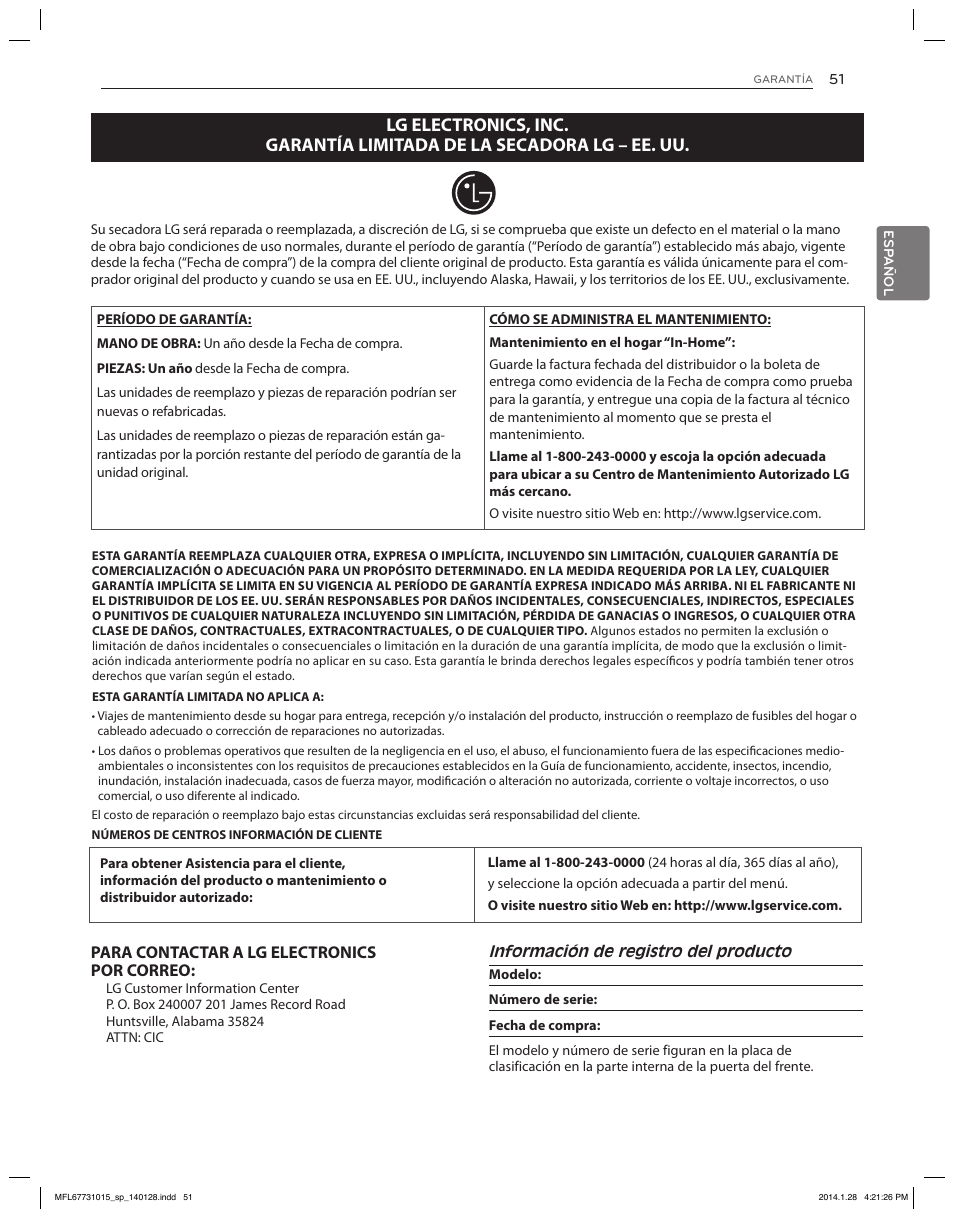 Para contactar a lg electronics por correo | LG DLGX8501V User Manual | Page 101 / 108