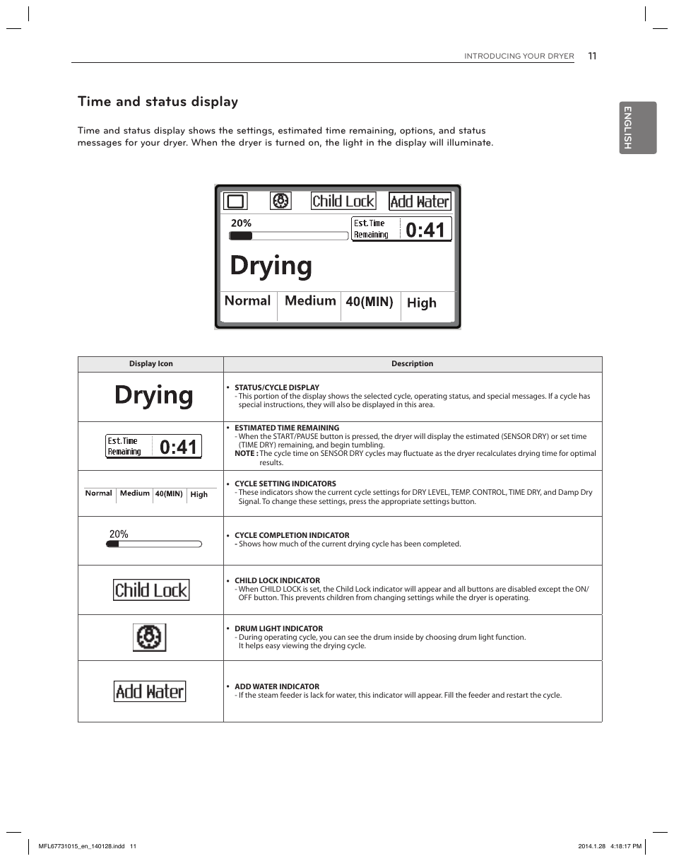 Time and status display | LG DLGX8501V User Manual | Page 11 / 108