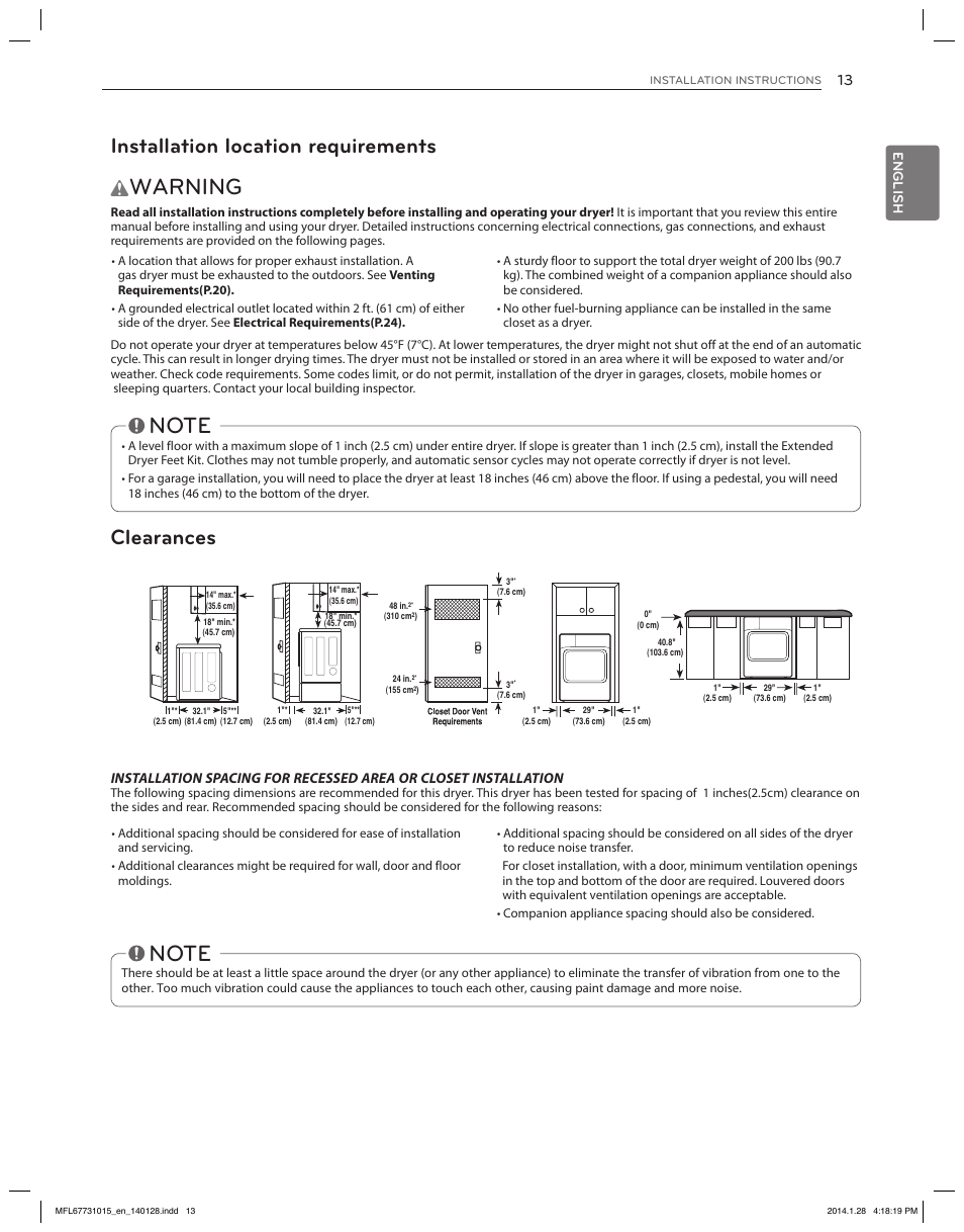 Warning, Installation location requirements, Clearances | English | LG DLGX8501V User Manual | Page 13 / 108