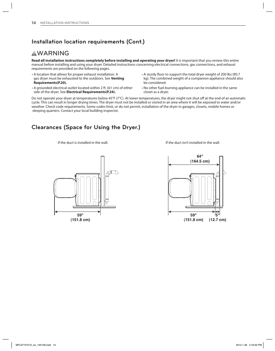 Warning, Installation location requirements (cont.), Clearances (space for using the dryer.) | LG DLGX8501V User Manual | Page 14 / 108