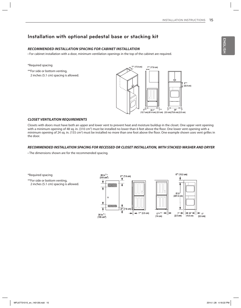 English, Closet ventilation requirements | LG DLGX8501V User Manual | Page 15 / 108