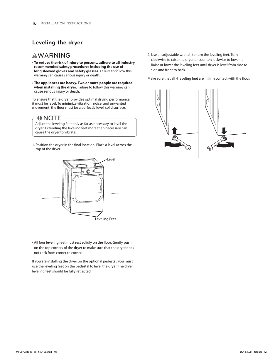 Warning, Leveling the dryer | LG DLGX8501V User Manual | Page 16 / 108