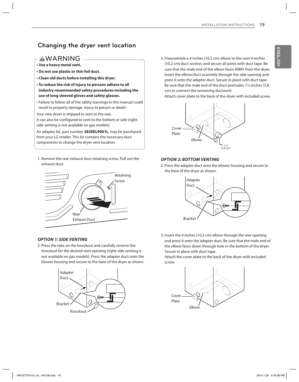 Warning, Changing the dryer vent location | LG DLGX8501V User Manual | Page 19 / 108