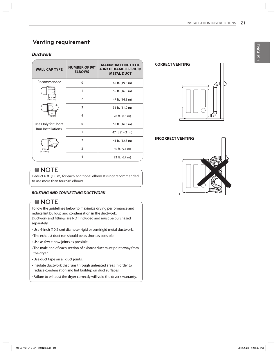 Venting requirement, Ductwork | LG DLGX8501V User Manual | Page 21 / 108