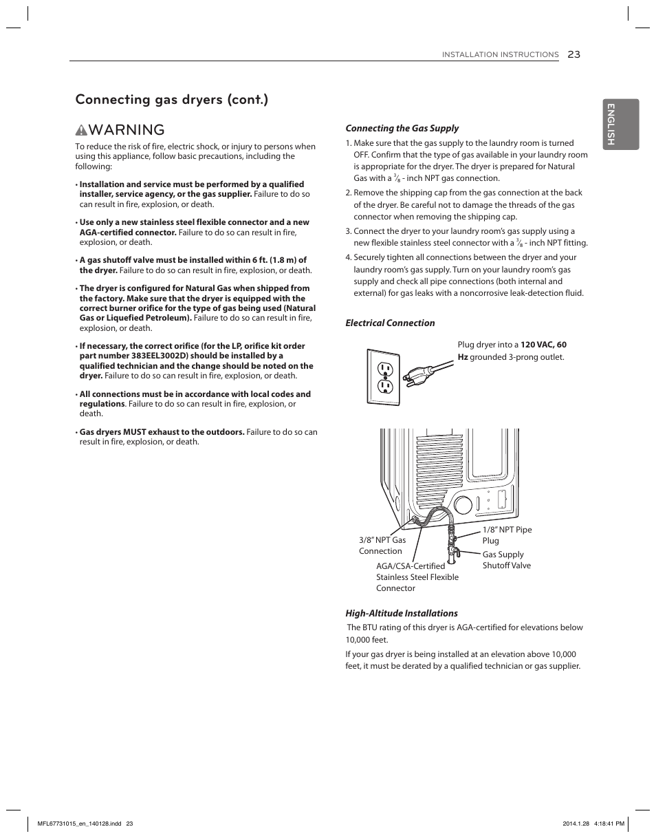 Warning, Connecting gas dryers (cont.) | LG DLGX8501V User Manual | Page 23 / 108