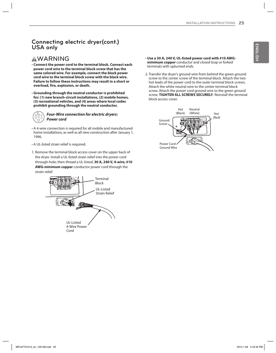 Warning, Connecting electric dryer(cont.) usa only | LG DLGX8501V User Manual | Page 25 / 108