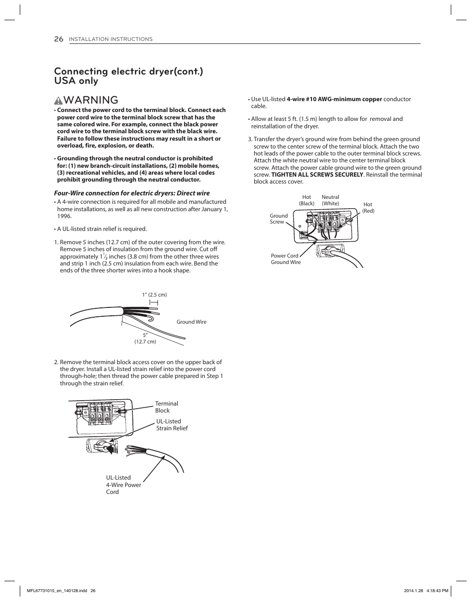 Warning, Connecting electric dryer(cont.) usa only | LG DLGX8501V User Manual | Page 26 / 108