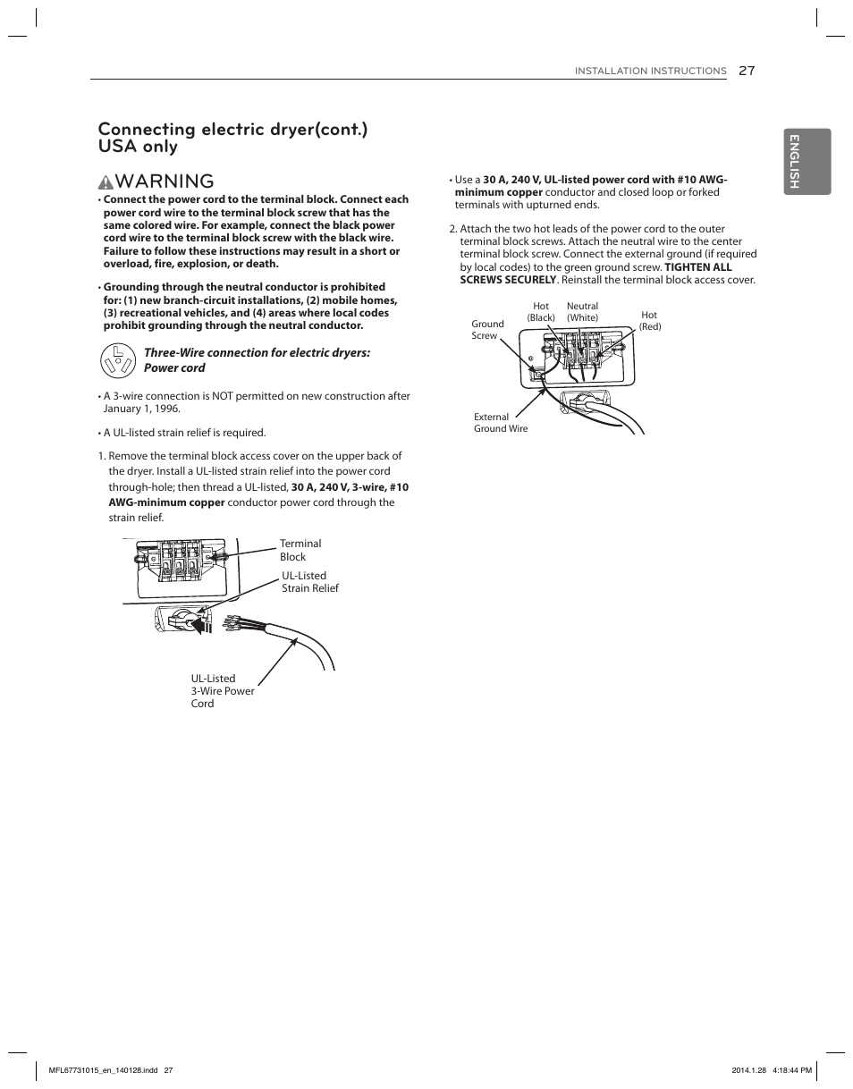 Warning, Connecting electric dryer(cont.) usa only | LG DLGX8501V User Manual | Page 27 / 108