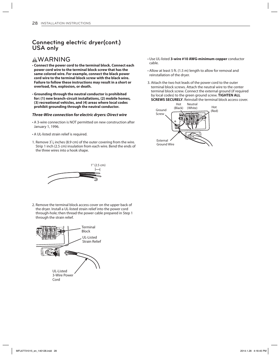 Warning, Connecting electric dryer(cont.) usa only | LG DLGX8501V User Manual | Page 28 / 108