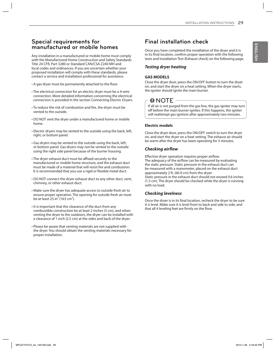 Final installation check | LG DLGX8501V User Manual | Page 29 / 108