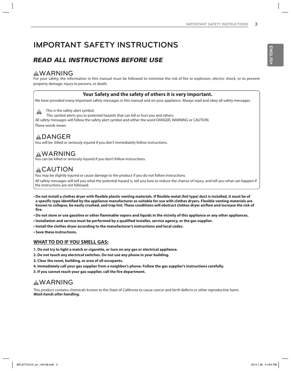 Important safety instructions, Warning, Danger | Caution | LG DLGX8501V User Manual | Page 3 / 108