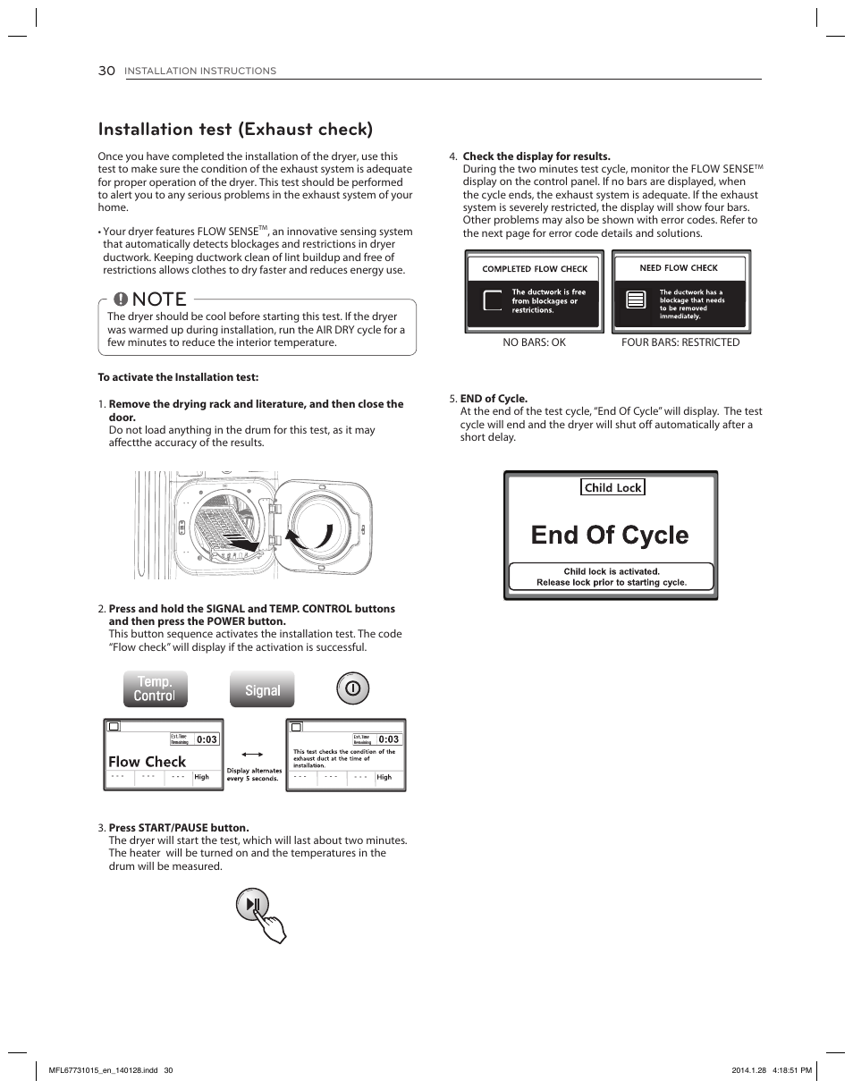 Language, English français español, Installation test (exhaust check) | LG DLGX8501V User Manual | Page 30 / 108