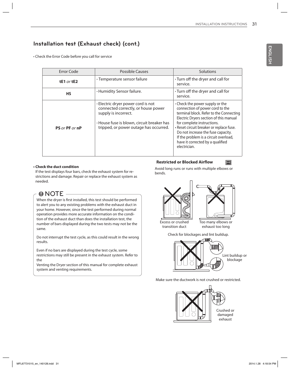 Installation test (exhaust check) (cont.) | LG DLGX8501V User Manual | Page 31 / 108