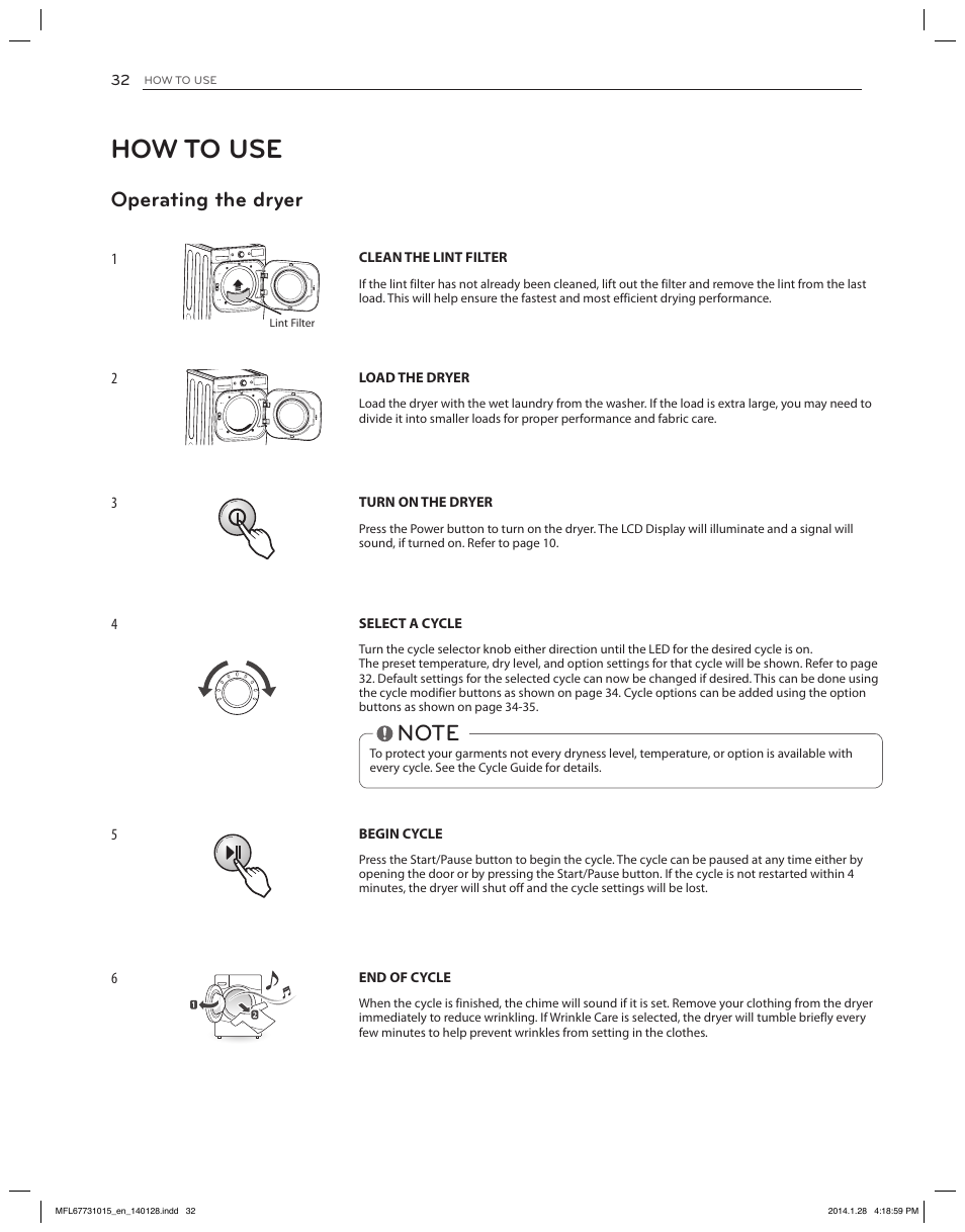 How to use, Operating the dryer, Language | LG DLGX8501V User Manual | Page 32 / 108