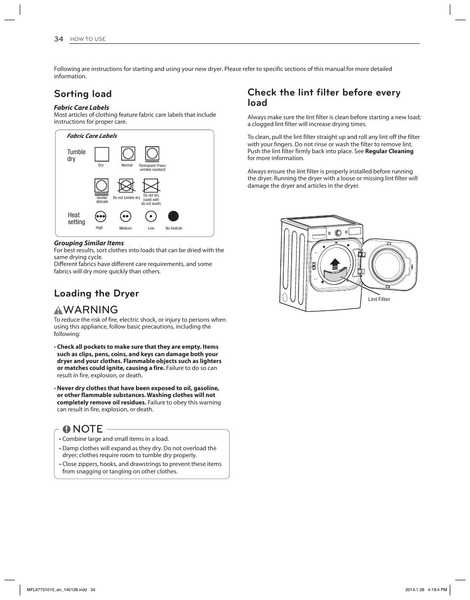 Warning, Check the lint filter before every load, Sorting load | Loading the dryer | LG DLGX8501V User Manual | Page 34 / 108