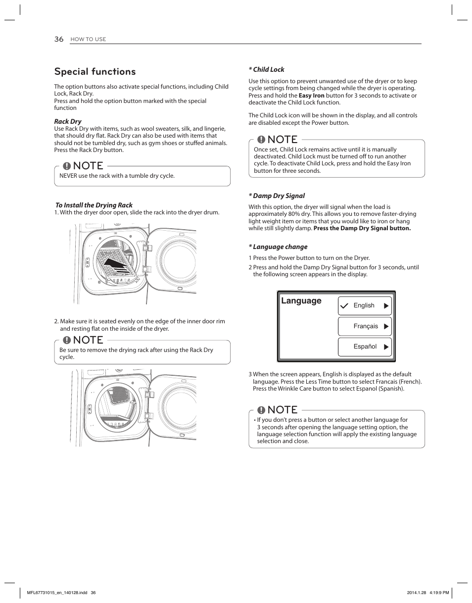 Special functions, Language | LG DLGX8501V User Manual | Page 36 / 108