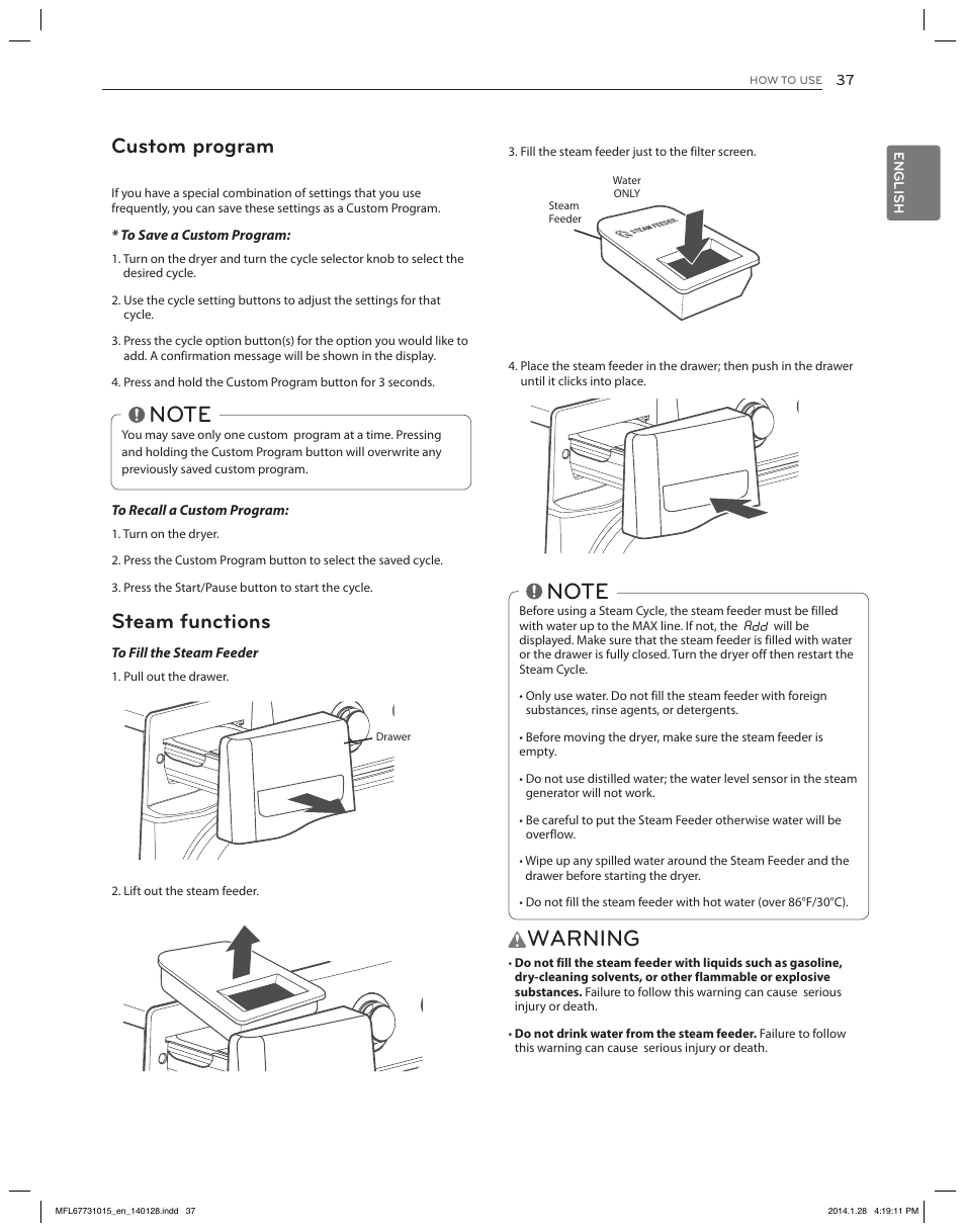 Warning, Custom program, Steam functions | LG DLGX8501V User Manual | Page 37 / 108