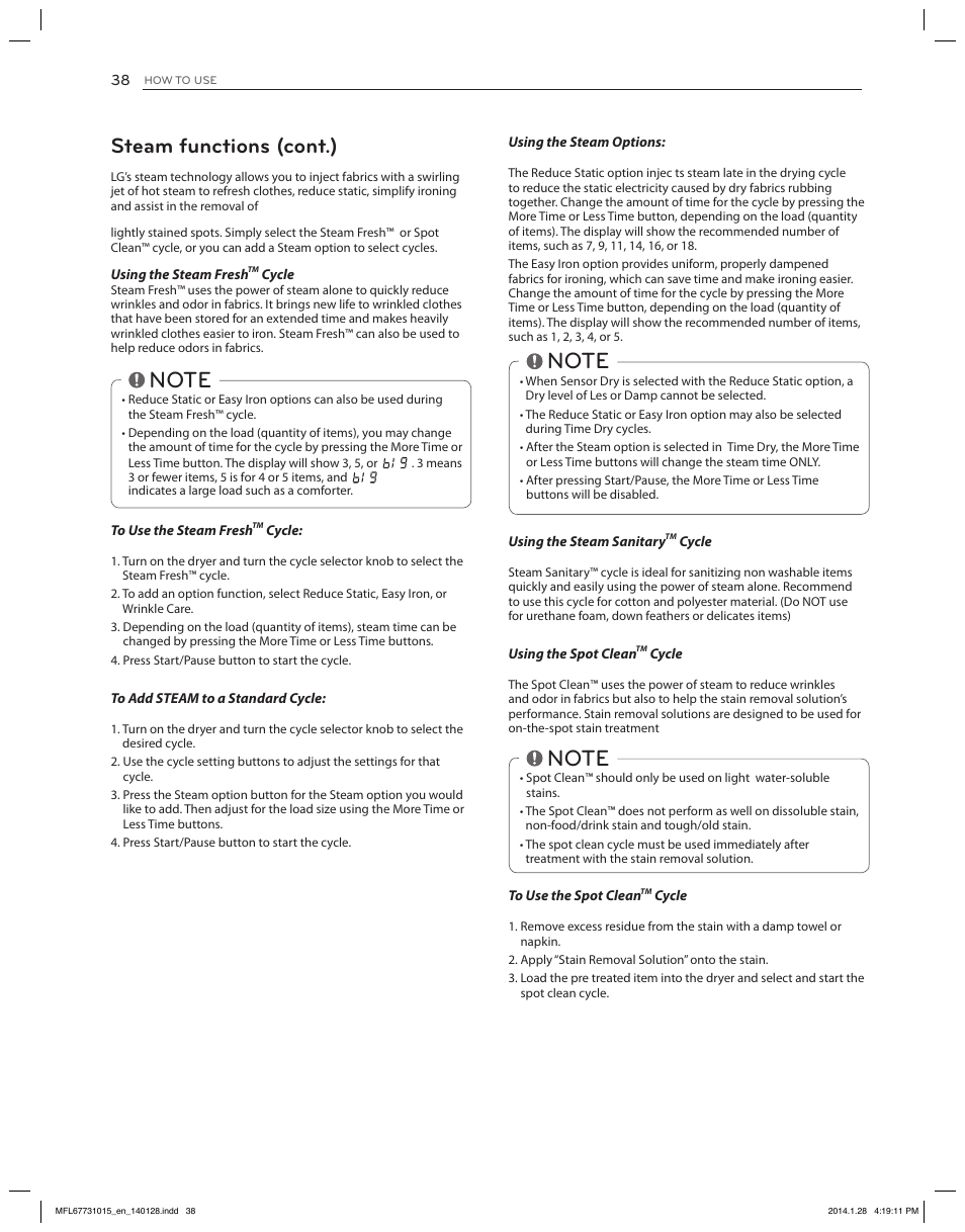 Steam functions (cont.) | LG DLGX8501V User Manual | Page 38 / 108