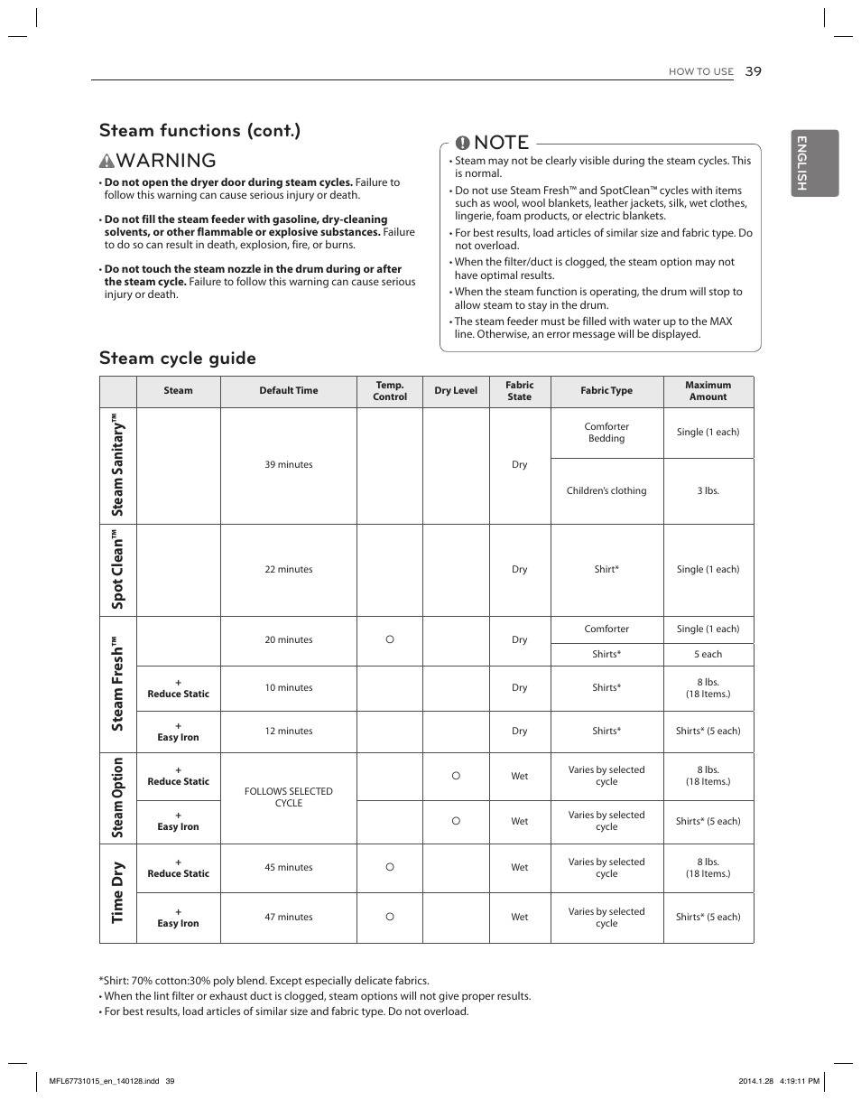 Warning, Steam functions (cont.), Steam cycle guide | St eam s anitar y, Sp ot c lean, St eam f resh, St eam o ption, Time d ry | LG DLGX8501V User Manual | Page 39 / 108