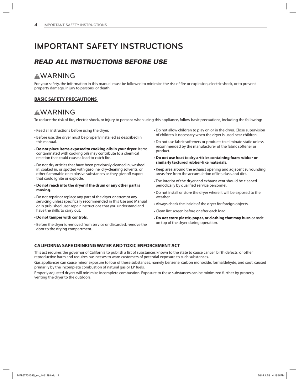 Important safety instructions, Warning, Read all instructions before use w | LG DLGX8501V User Manual | Page 4 / 108