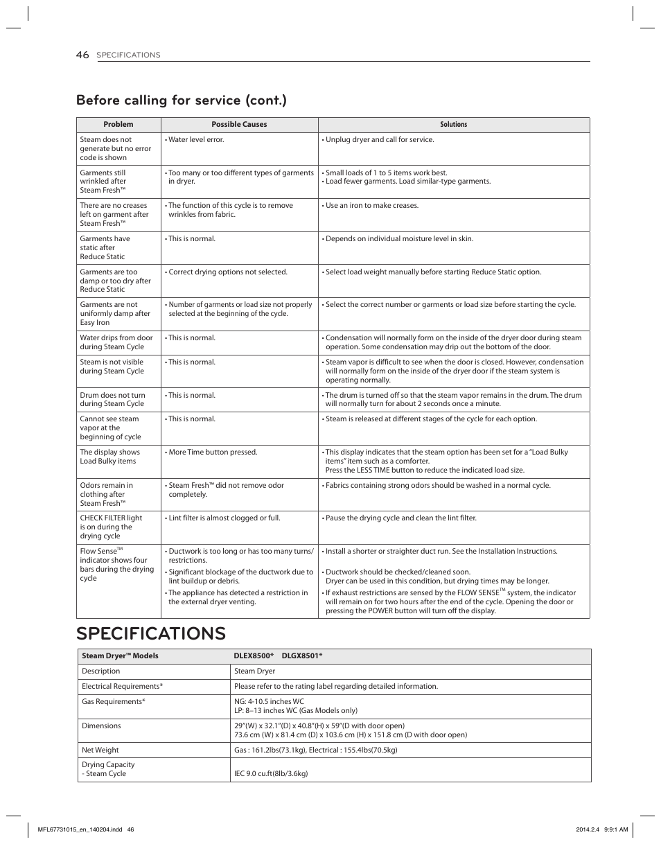 Specifications, Before calling for service (cont.) | LG DLGX8501V User Manual | Page 46 / 108