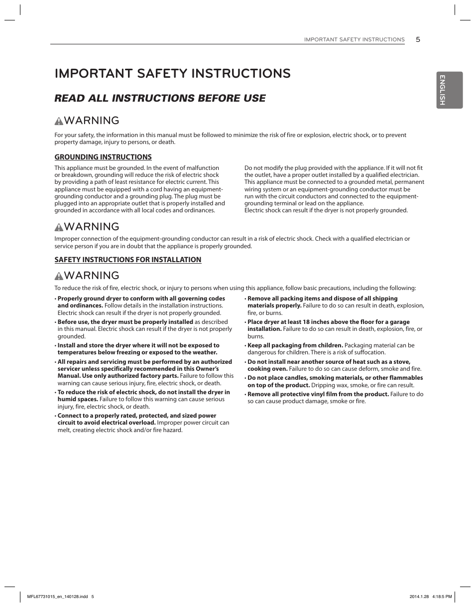 Important safety instructions, Warning, Read all instructions before use w | LG DLGX8501V User Manual | Page 5 / 108