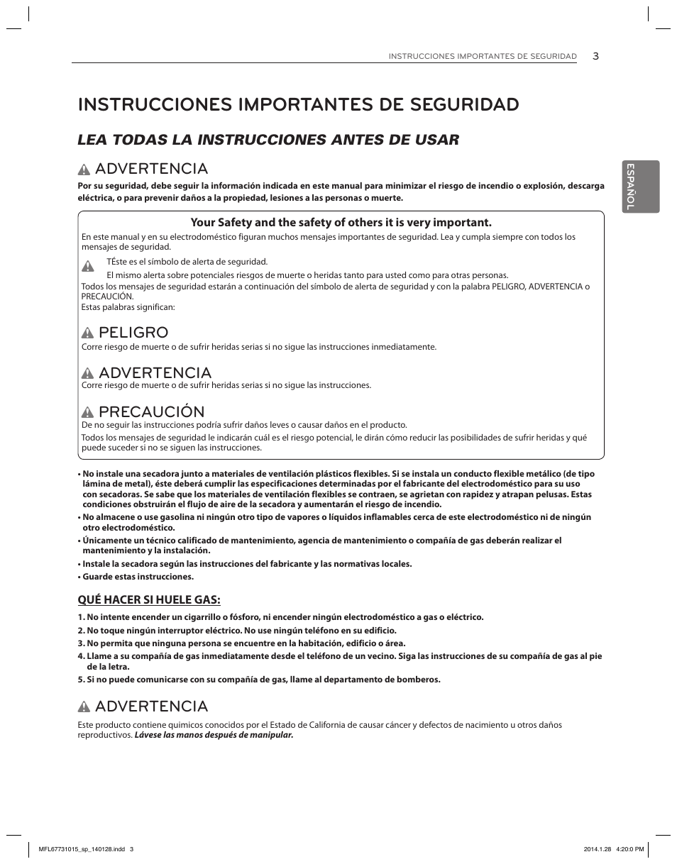 Instrucciones importantes de seguridad, Advertencia, Peligro | Precaución, Lea todas la instrucciones antes de usar w | LG DLGX8501V User Manual | Page 53 / 108