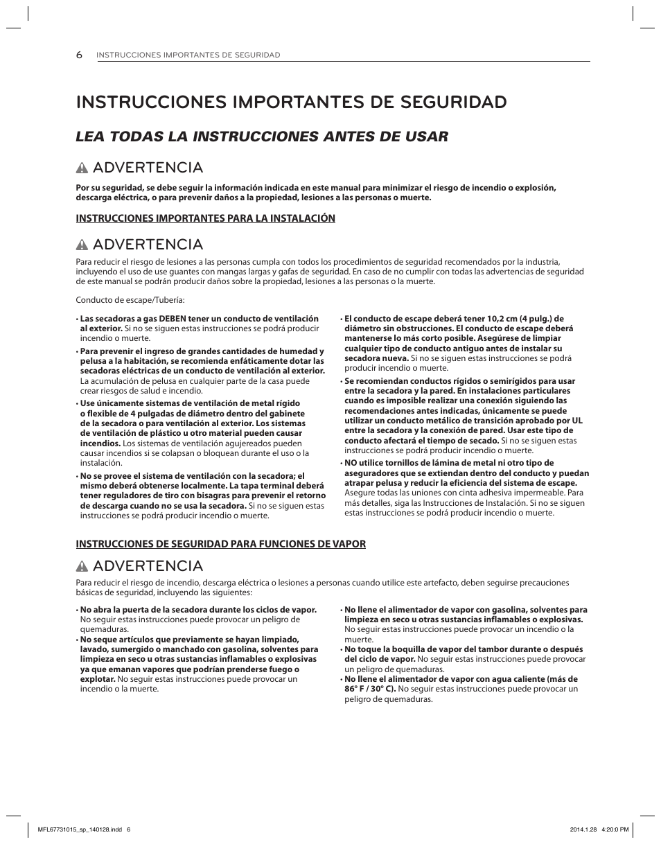 Instrucciones importantes de seguridad, Advertencia, Lea todas la instrucciones antes de usar w | LG DLGX8501V User Manual | Page 56 / 108