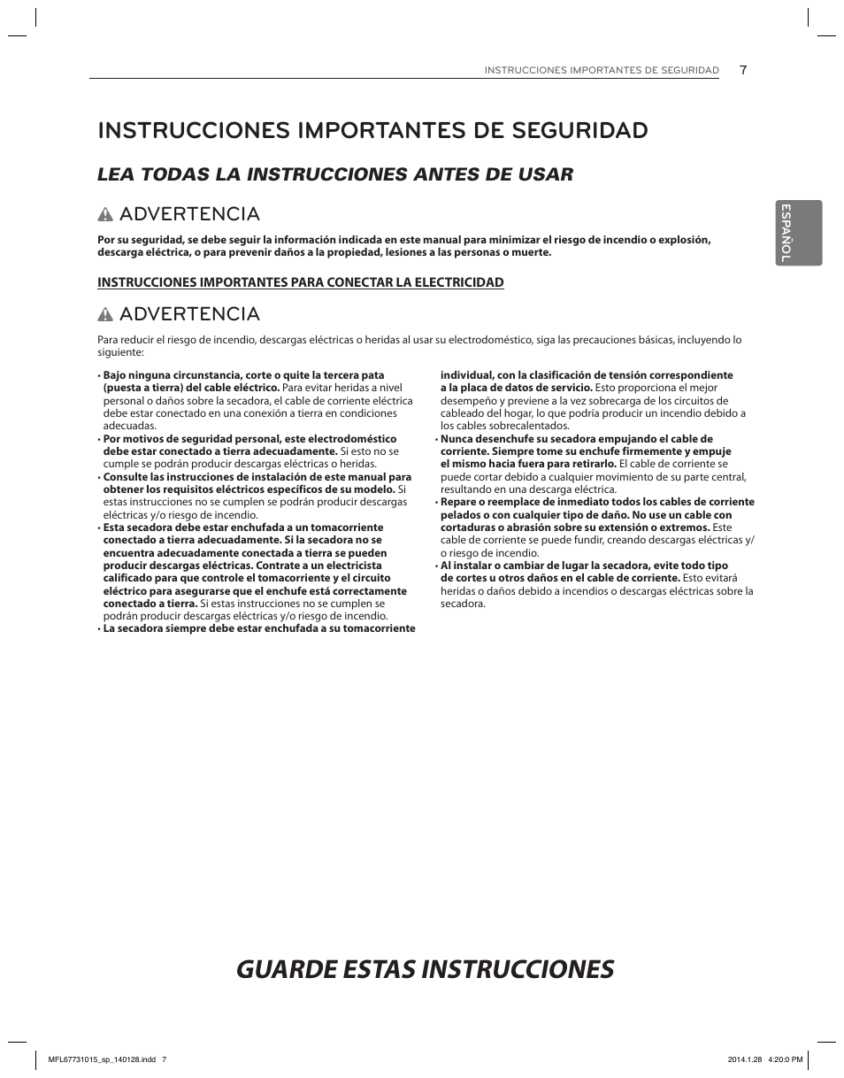 Guarde estas instrucciones, Instrucciones importantes de seguridad, Advertencia | Lea todas la instrucciones antes de usar w | LG DLGX8501V User Manual | Page 57 / 108