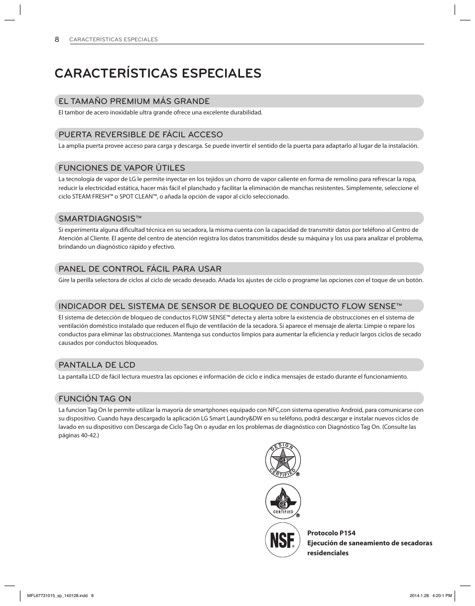Características especiales, El tamaño premium más grande, Puerta reversible de fácil acceso | Funciones de vapor útiles, Smartdiagnosis, Panel de control fácil para usar, Pantalla de lcd, Función tag on | LG DLGX8501V User Manual | Page 58 / 108