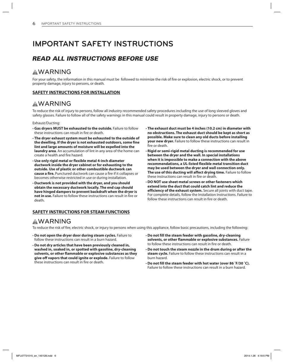 Important safety instructions, Warning, Read all instructions before use w | LG DLGX8501V User Manual | Page 6 / 108