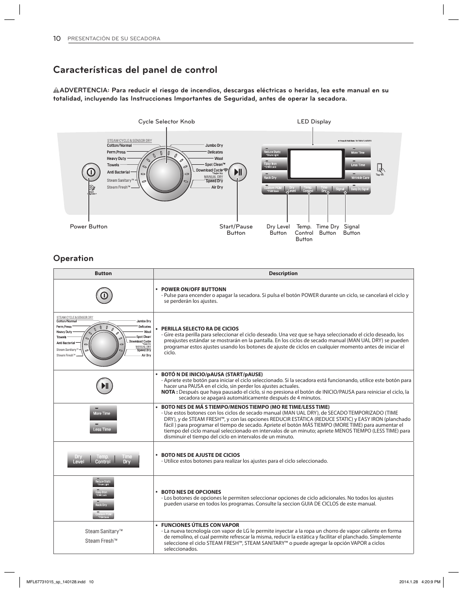 Características del panel de control, Language, Operation | English français español | LG DLGX8501V User Manual | Page 60 / 108