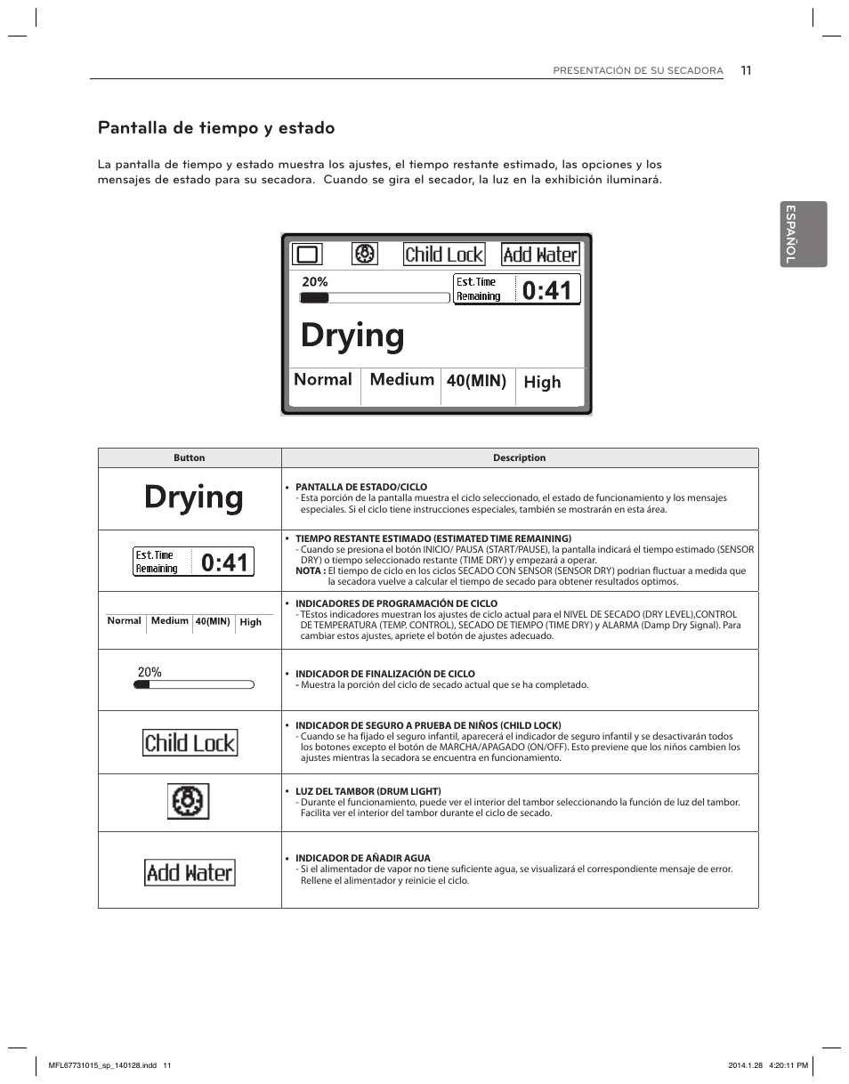 Pantalla de tiempo y estado | LG DLGX8501V User Manual | Page 61 / 108