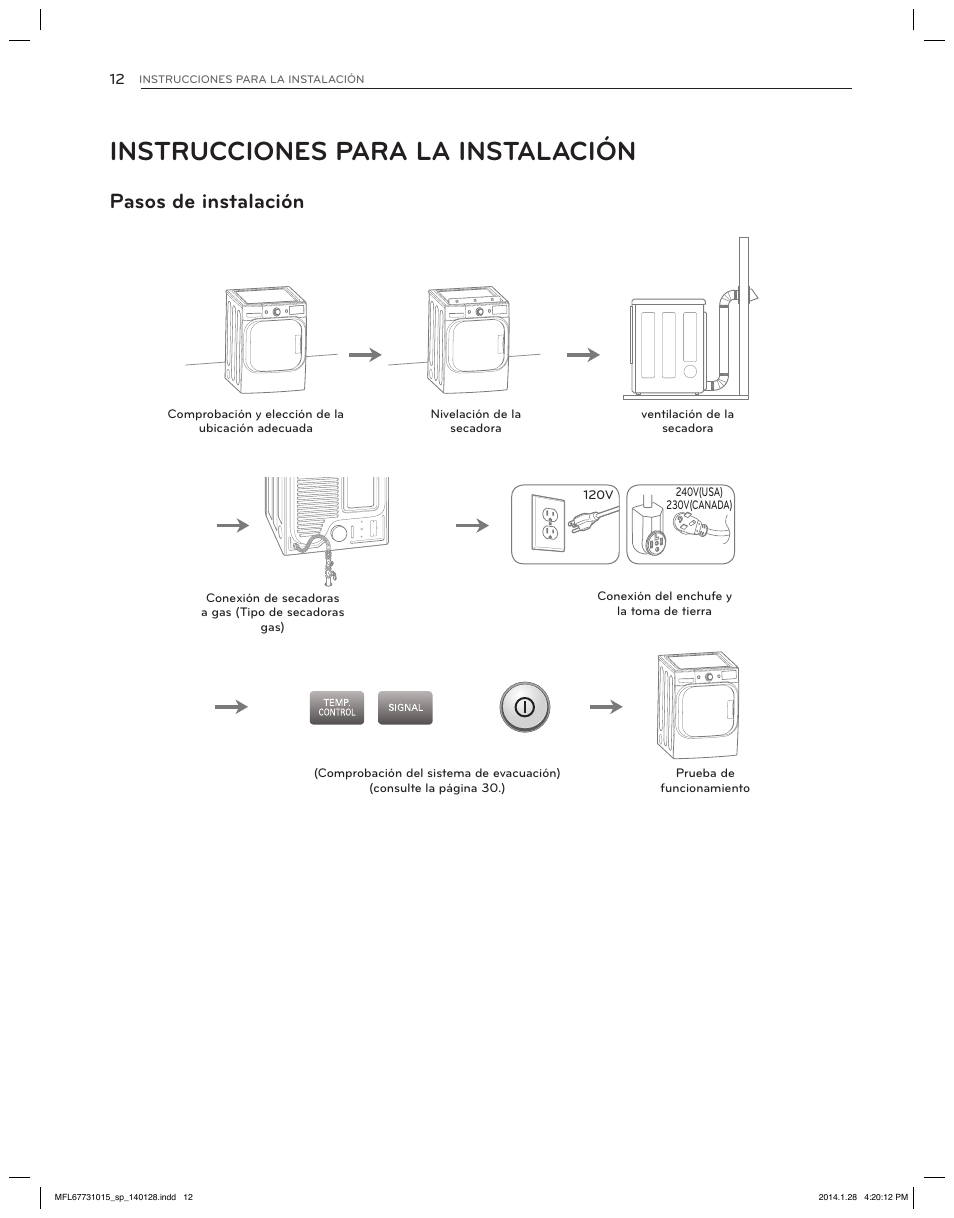 Instrucciones para la instalación, Pasos de instalación | LG DLGX8501V User Manual | Page 62 / 108