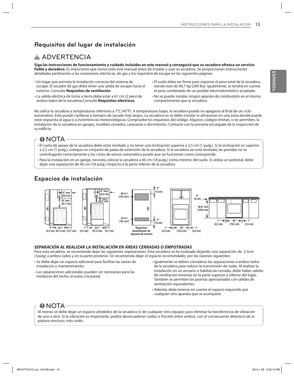 Advertencia, Nota, Requisitos del lugar de instalación | Espacios de instalación, Es pa ñ ol | LG DLGX8501V User Manual | Page 63 / 108