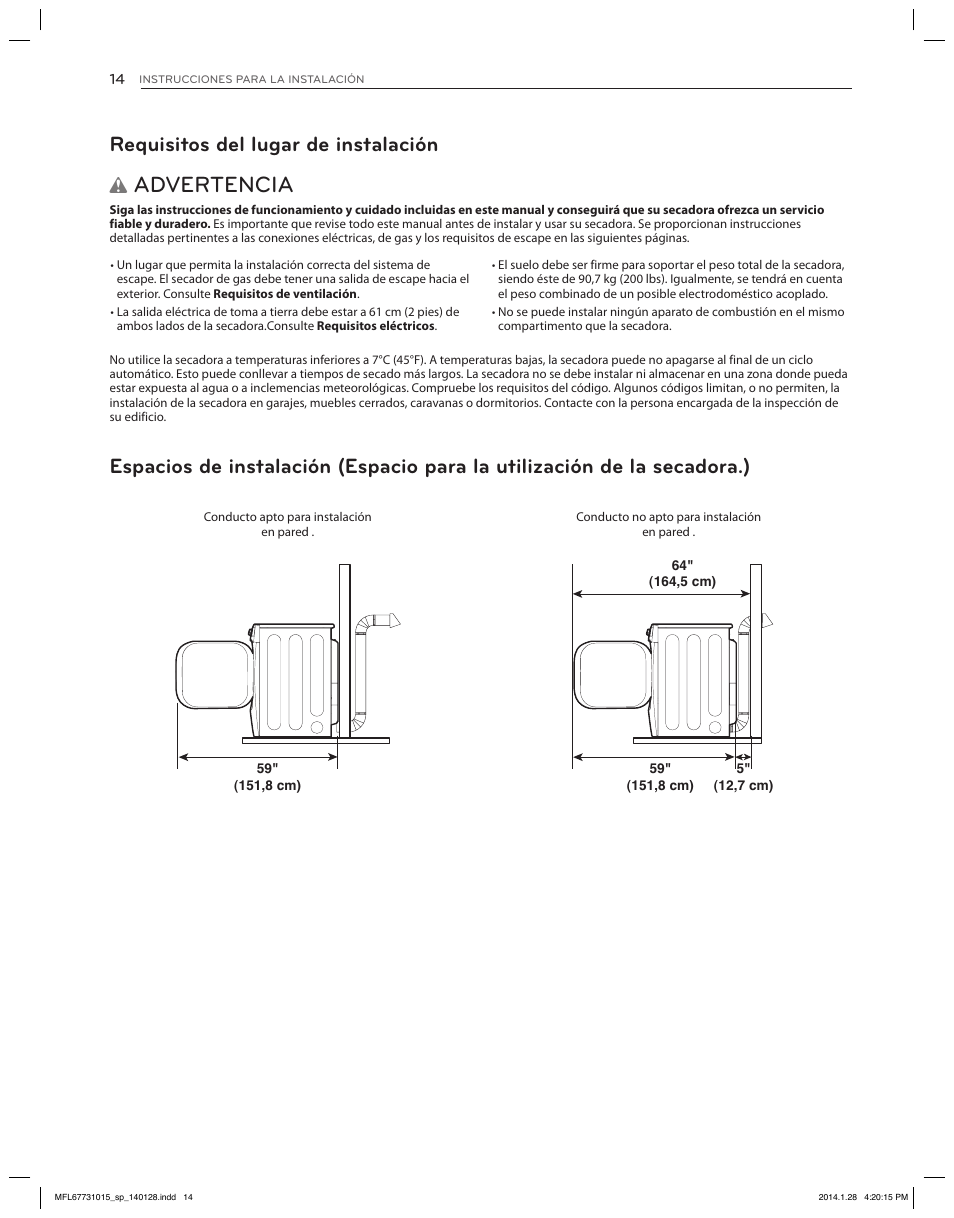 Advertencia, Requisitos del lugar de instalación | LG DLGX8501V User Manual | Page 64 / 108