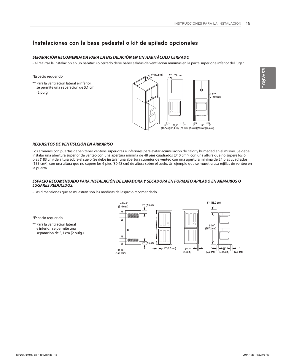 Es pa ñ ol, Requisitos de ventislción en armariso | LG DLGX8501V User Manual | Page 65 / 108