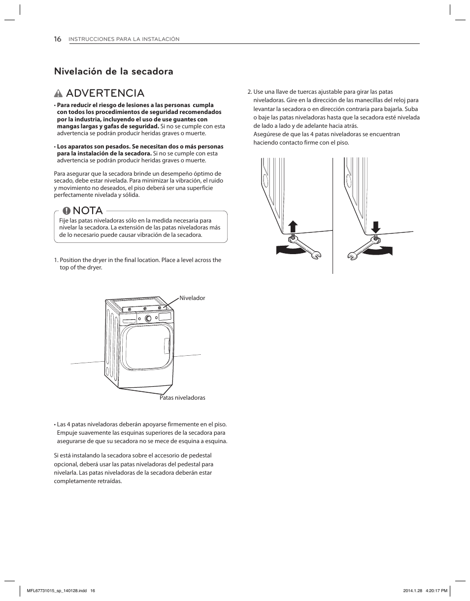 Advertencia, Nota, Nivelación de la secadora | LG DLGX8501V User Manual | Page 66 / 108