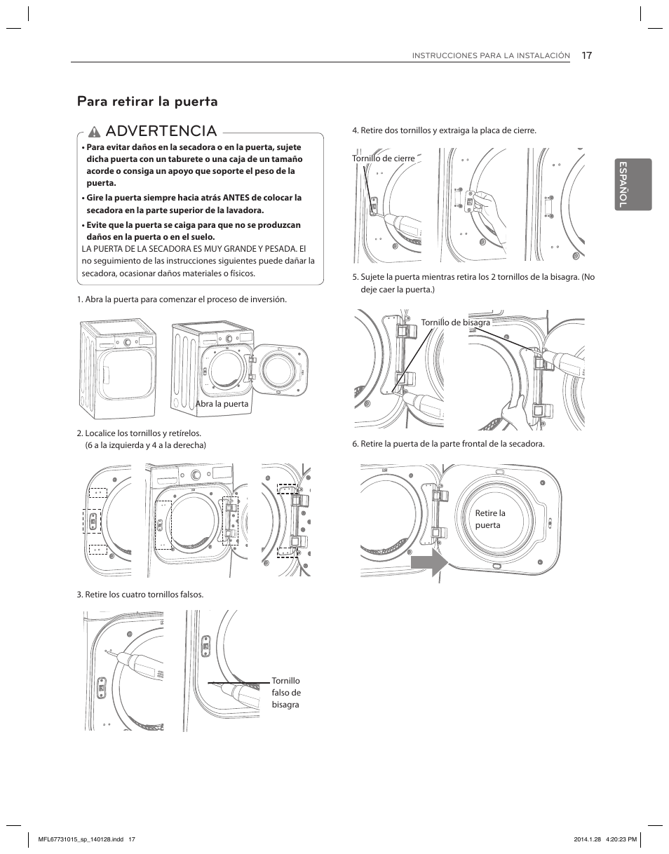 Advertencia, Para retirar la puerta | LG DLGX8501V User Manual | Page 67 / 108