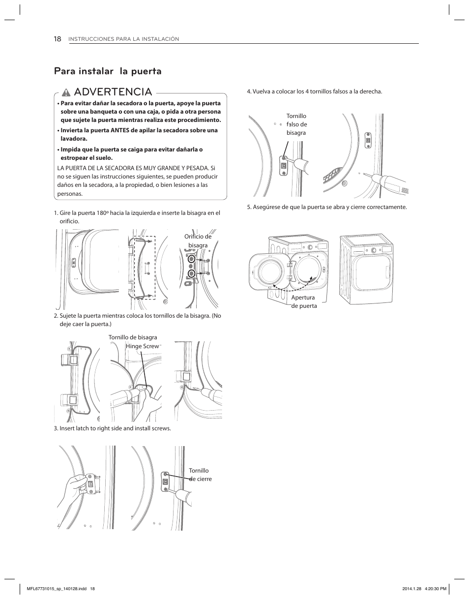 Advertencia, Para instalar la puerta | LG DLGX8501V User Manual | Page 68 / 108