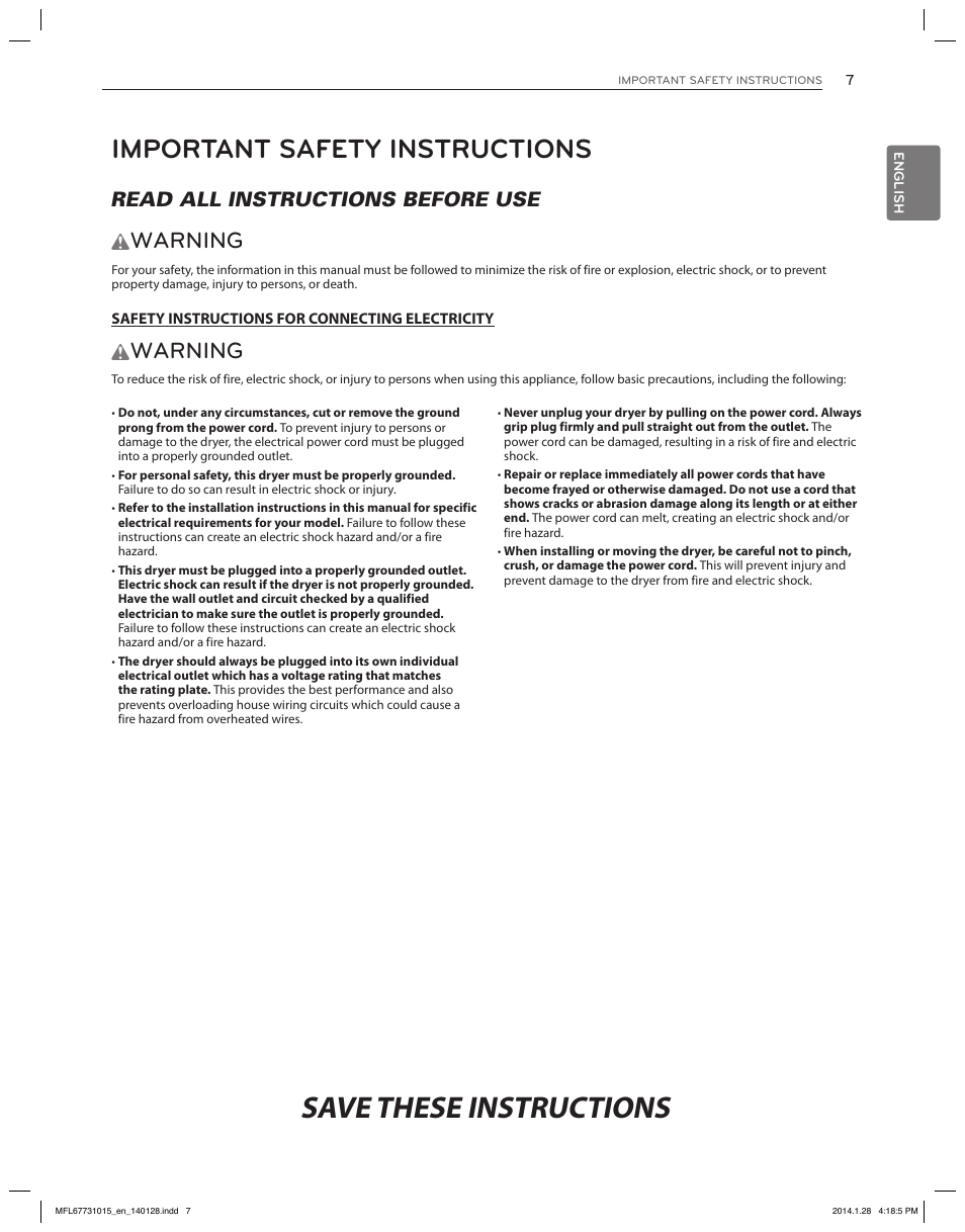 Save these instructions, Important safety instructions, Warning | Read all instructions before use w | LG DLGX8501V User Manual | Page 7 / 108