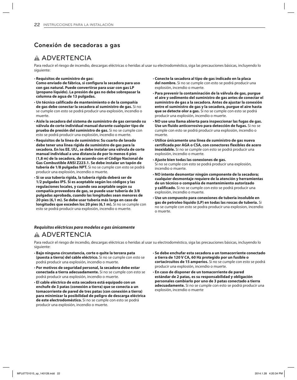 Advertencia, Conexión de secadoras a gas | LG DLGX8501V User Manual | Page 72 / 108