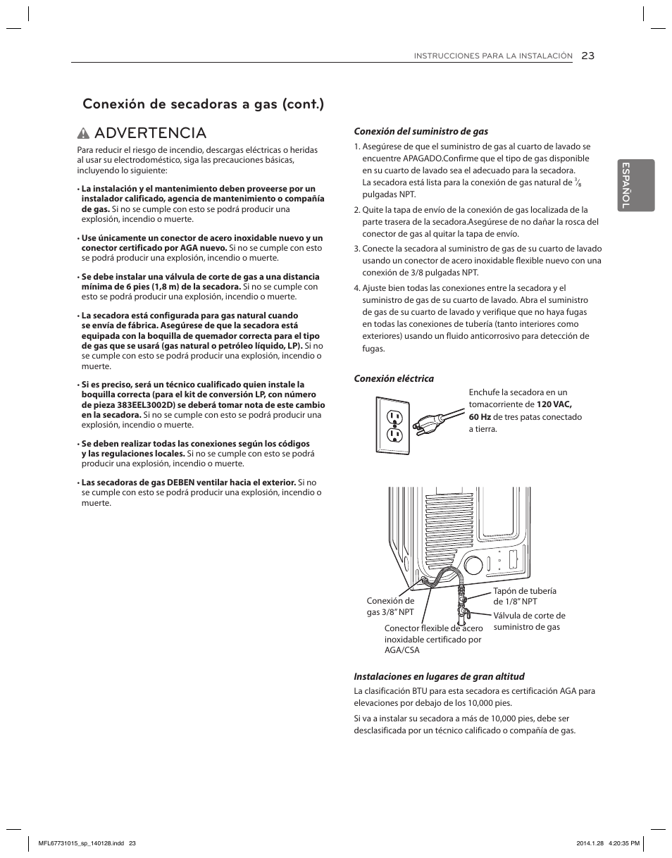 Advertencia, Conexión de secadoras a gas (cont.) | LG DLGX8501V User Manual | Page 73 / 108