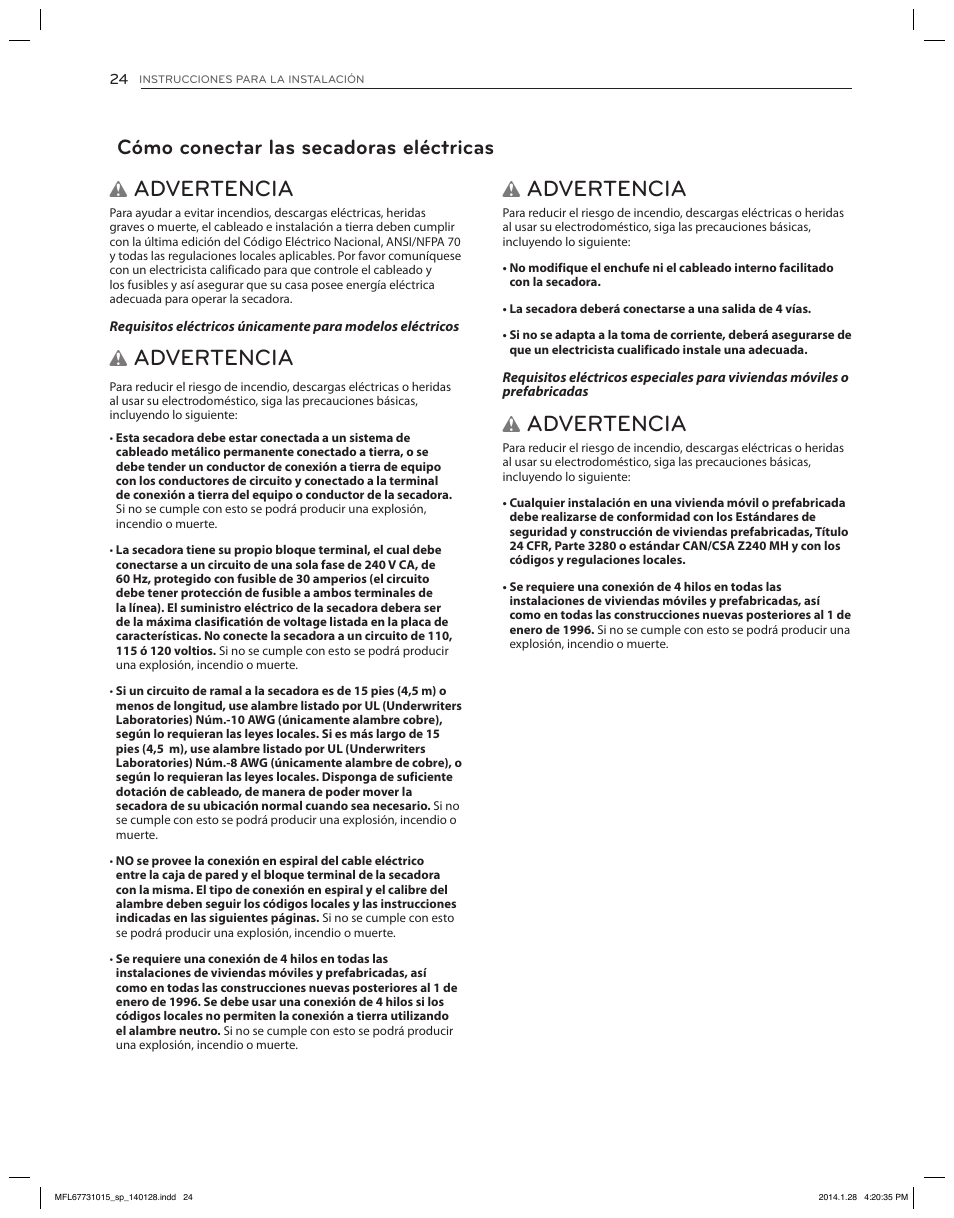 Advertencia, Cómo conectar las secadoras eléctricas | LG DLGX8501V User Manual | Page 74 / 108