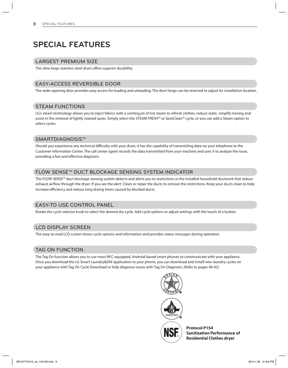 Special features, Largest premium size, Easy-access reversible door | Steam functions, Smartdiagnosis, Flow sense™ duct blockage sensing system indicator, Easy-to use control panel, Lcd display screen, Tag on function | LG DLGX8501V User Manual | Page 8 / 108