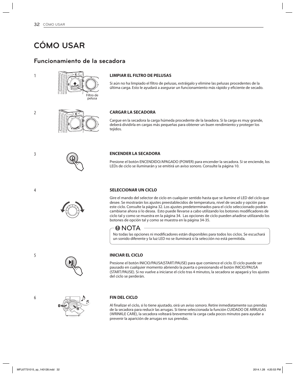 Cómo usar, Nota, Funcionamiento de la secadora | Language | LG DLGX8501V User Manual | Page 82 / 108