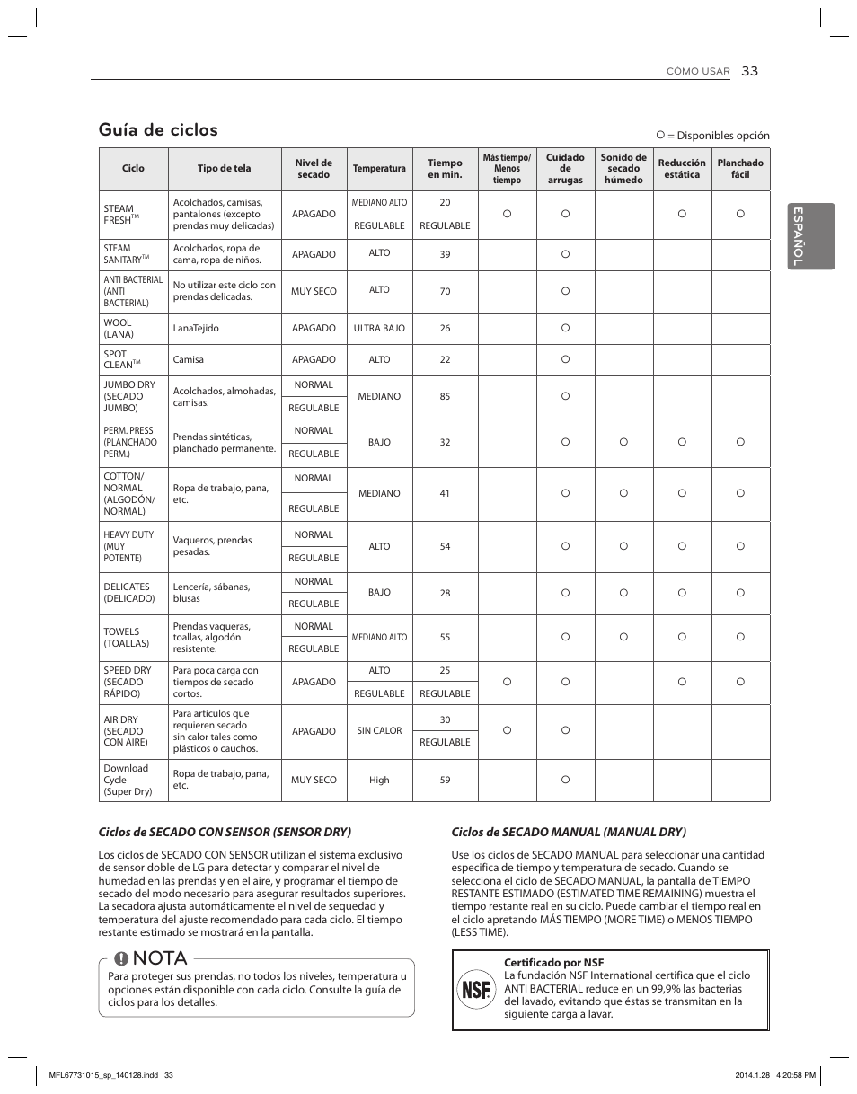 Nota, Guía de ciclos, Language | LG DLGX8501V User Manual | Page 83 / 108